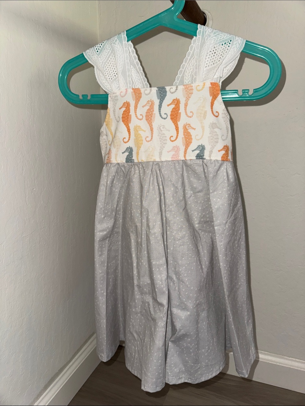 Bitty Bambu (Made in Maui) White and Gray Seahorse Print Sundress
